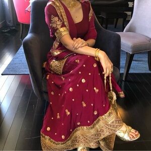 Pure silk!!
Elegant Maroon and Gold Embroidered Dress
